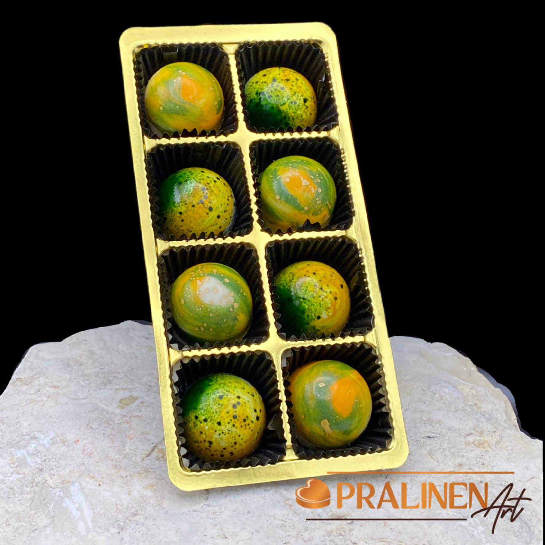 Sanddorn Pralinen mit Ingwer  & Sanddorn auf Vanille in Belgischer Schokolade | 8 Pralinen