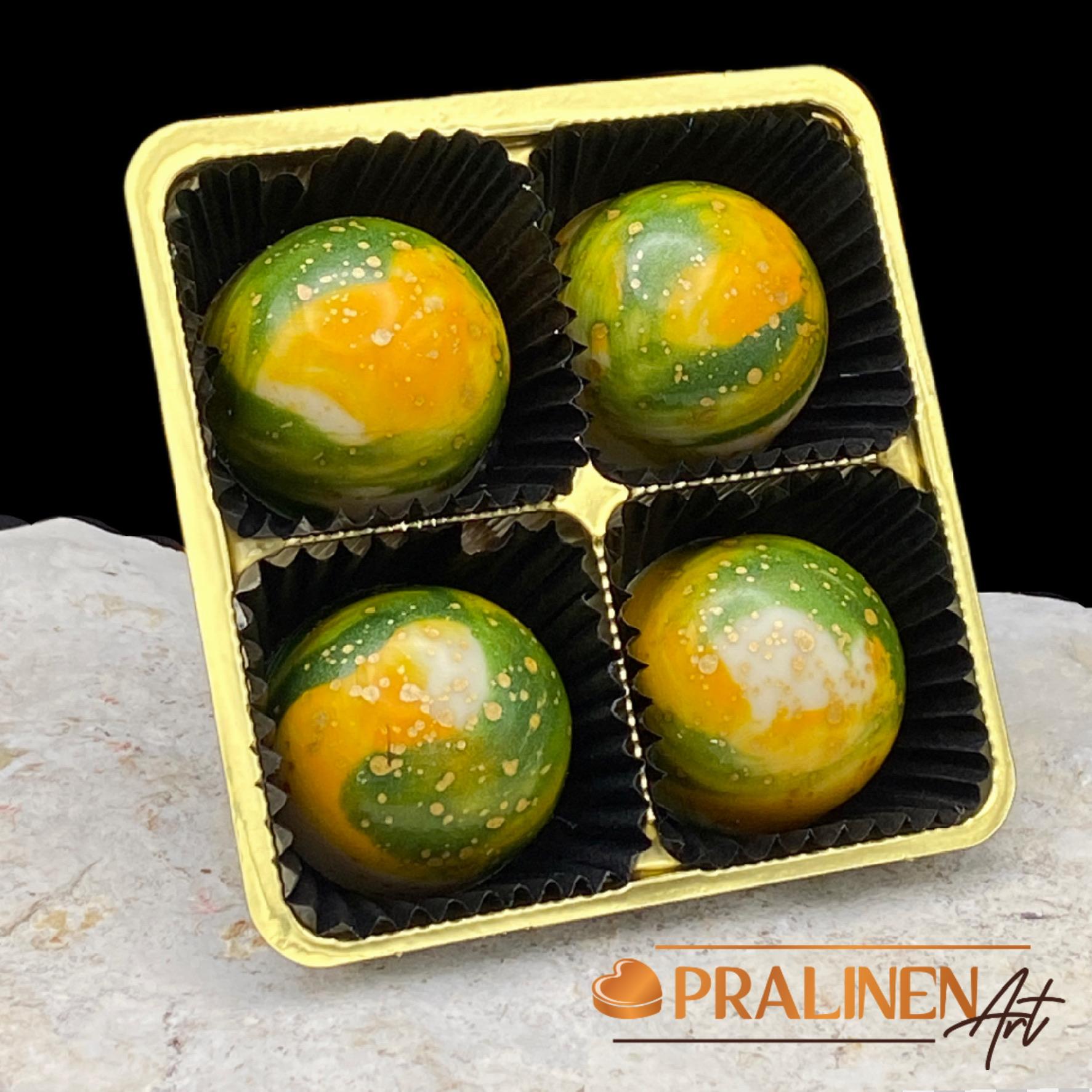 Sanddorn auf Sanddorn-Vanille Ganache in weißer Belgischer Schokolade | 4 Pralinen