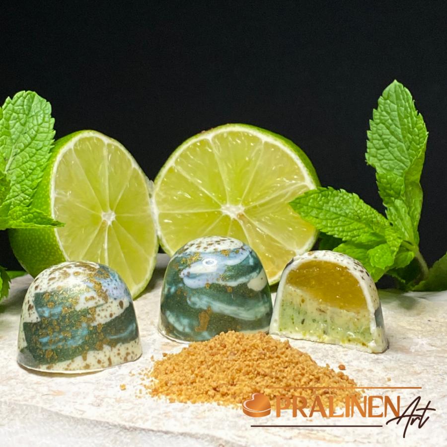 Mojito-Praline von Pralinenart mit frischer Limette Minze Rohrzucher und echtem Rum