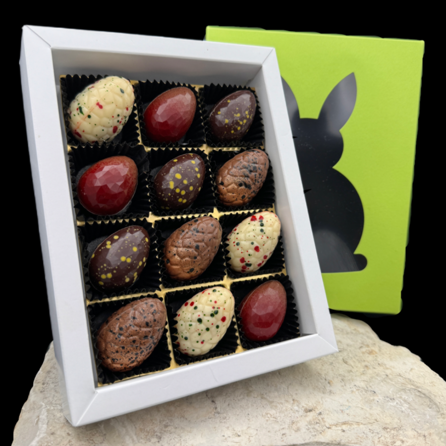 Eierlikör pralinen 12 Ostereierpralinen von Pralinenart Lustiger gelber Osterverpackung HAsenglück