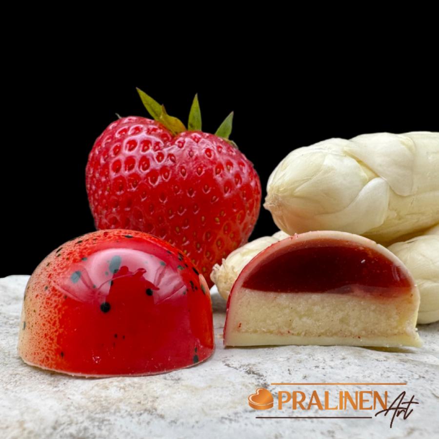 Spargel-Erdbeer Pralinen mit weißer Belgischer Schokolade umhüllt - WeißeGanache mit Kremmener Spargel