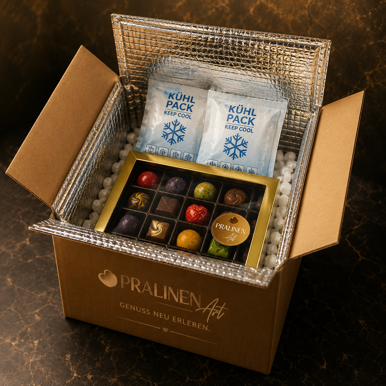 Gekühlter Versand handgefertigter Pralinen mit Thermoverpackung und Kühlakkus