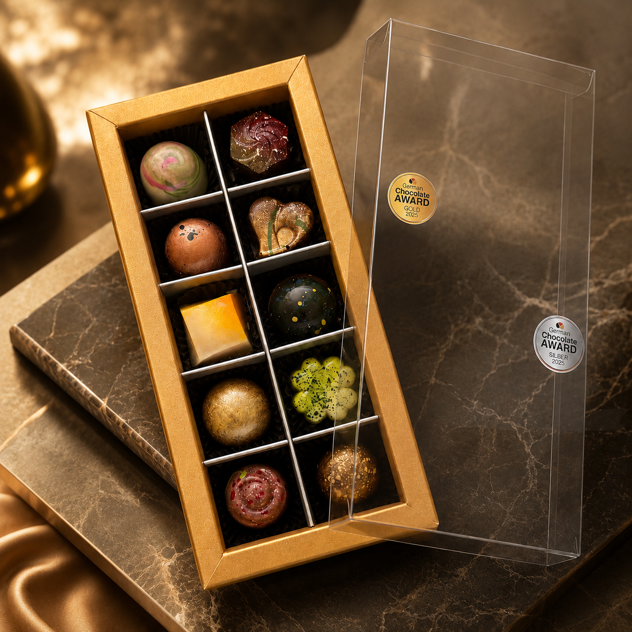 Hochwertige Geschenkbox mit handgefertigten Pralinen von PralinenArt