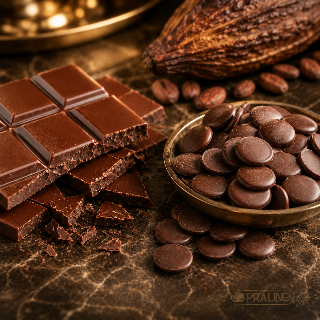 Hochwertige Tafelschokolade und Kuvertüre-Callets gleichwertig nebeneinander